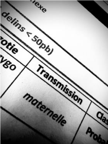 Gros plan d'une analyse génétique, on voit apparaitre "Transmission maternelle"