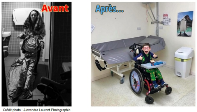 2 photos "avant/après"
Photo 1 en noir et blanc, une maman supporte son fils polyhandicapé sous les bras pour l'allonger sur le sol de toilettes publiques afin de le changer.
Photos 2 en couleurs : une salle de change Handiroom avec un lit de change imperméable, un lève personne et un jeune garçon polyhandicapé dans un fauteuil avec l'air très heureux.